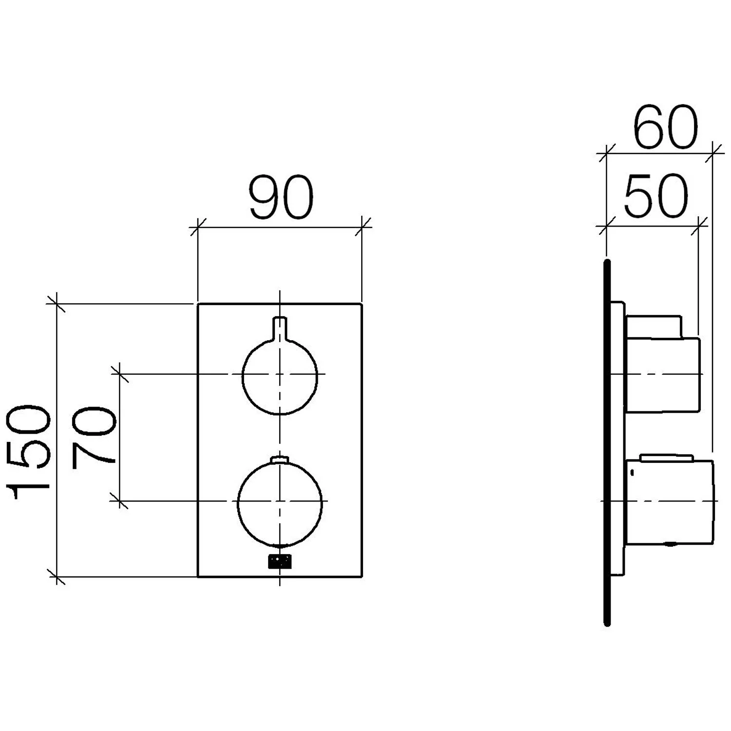 Rysunek techniczny termostatu prysznicowego z wymiarami, Dornbracht