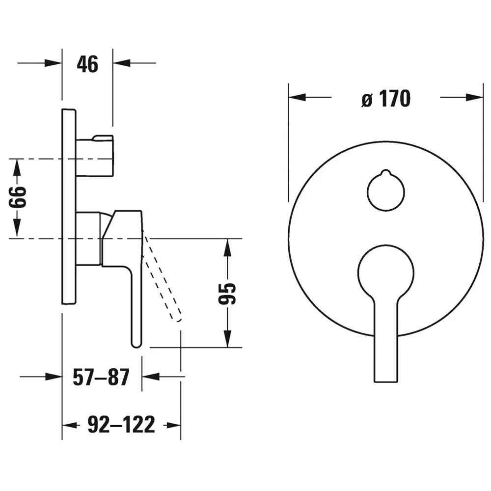 Rysunek techniczny baterii wannowej z wymiarami, Duravit