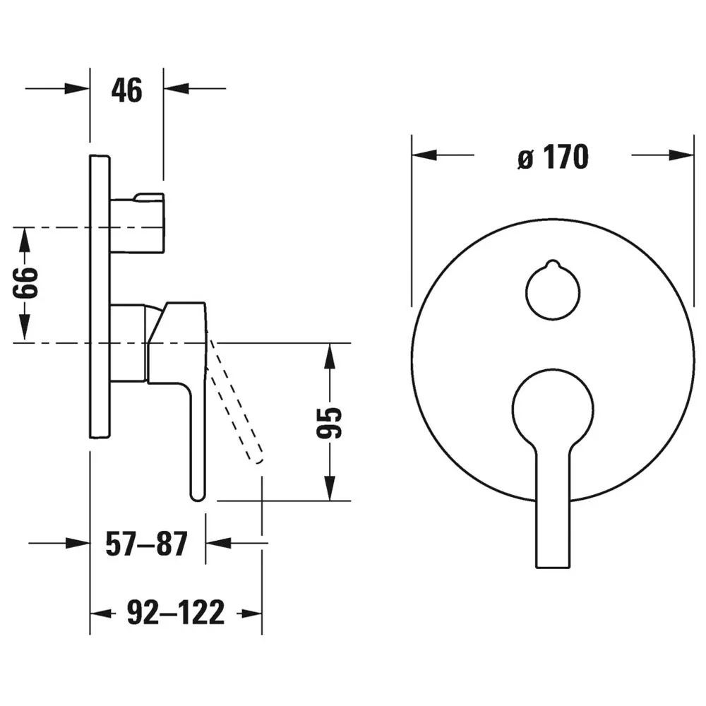 Rysunek techniczny baterii wannowej z wymiarami, Duravit
