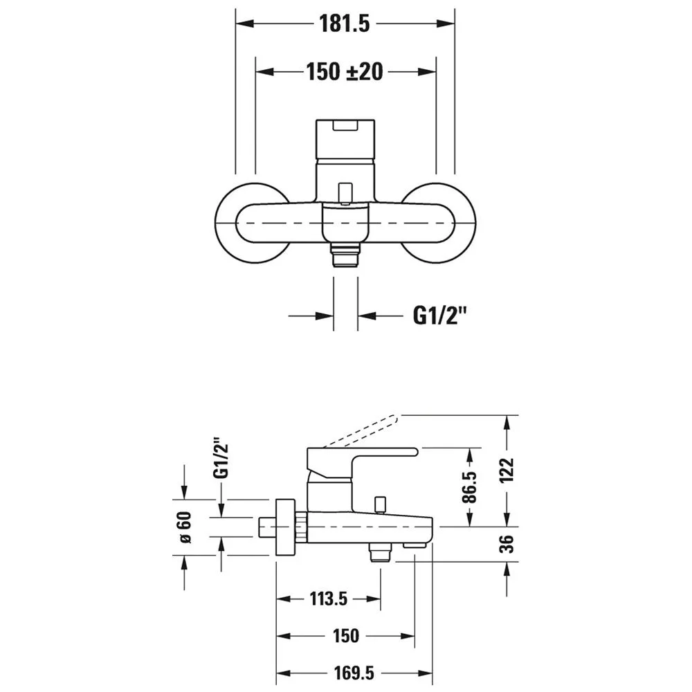 Rysunek techniczny baterii wannowej z wymiarami, Duravit