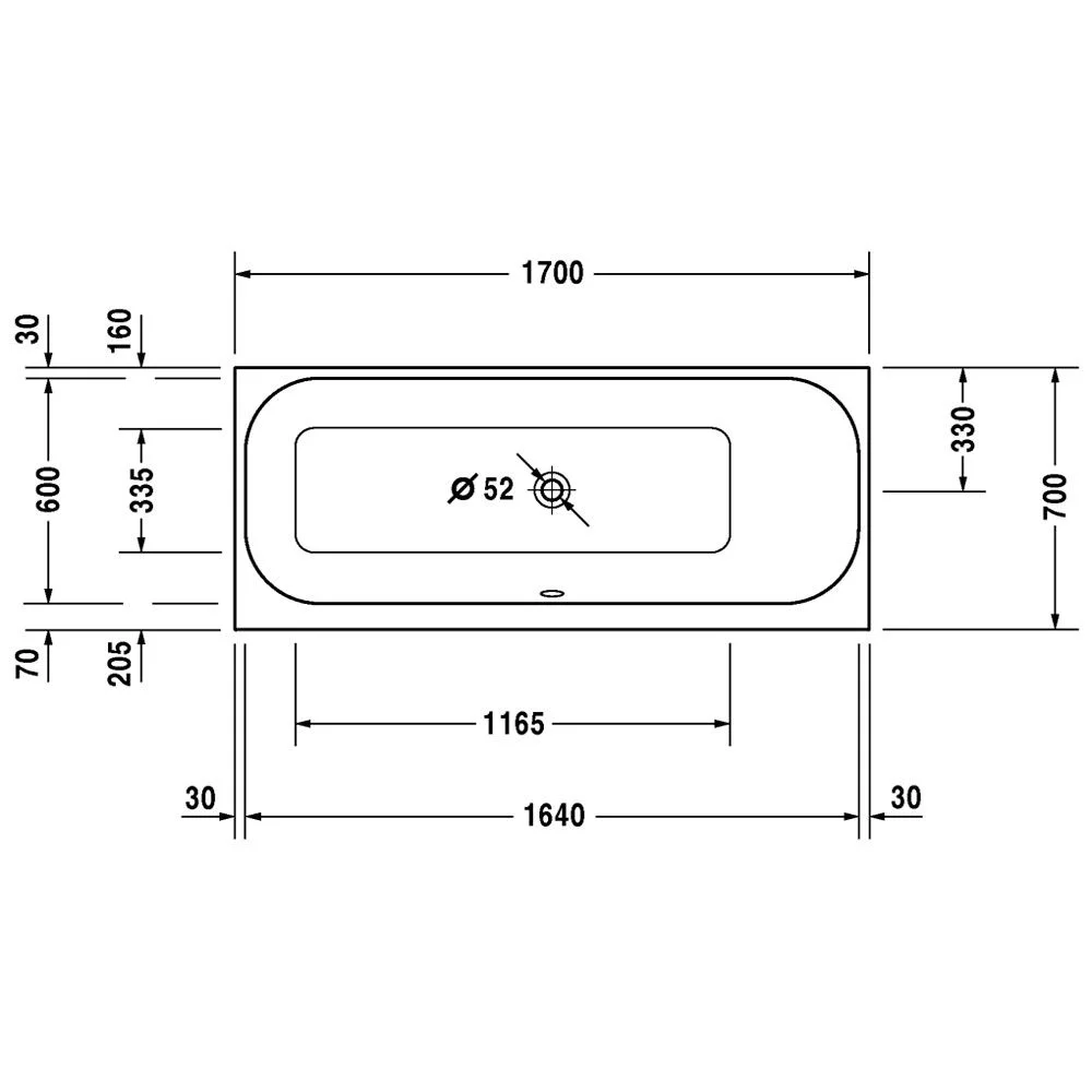 Rysunek techniczny wanny z wymiarami, Duravit