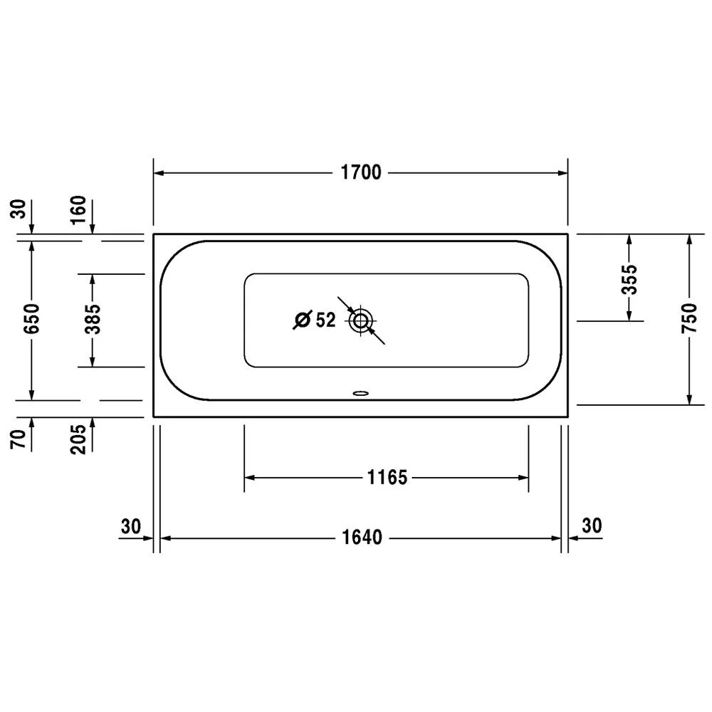 Rysunek techniczny wanny z wymiarami, Duravit