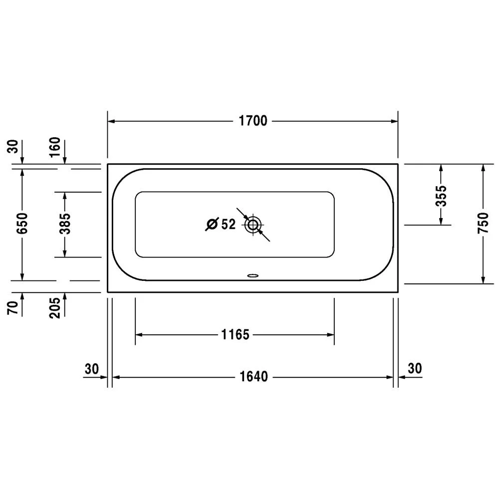 Rysunek techniczny wanny z wymiarami, Duravit