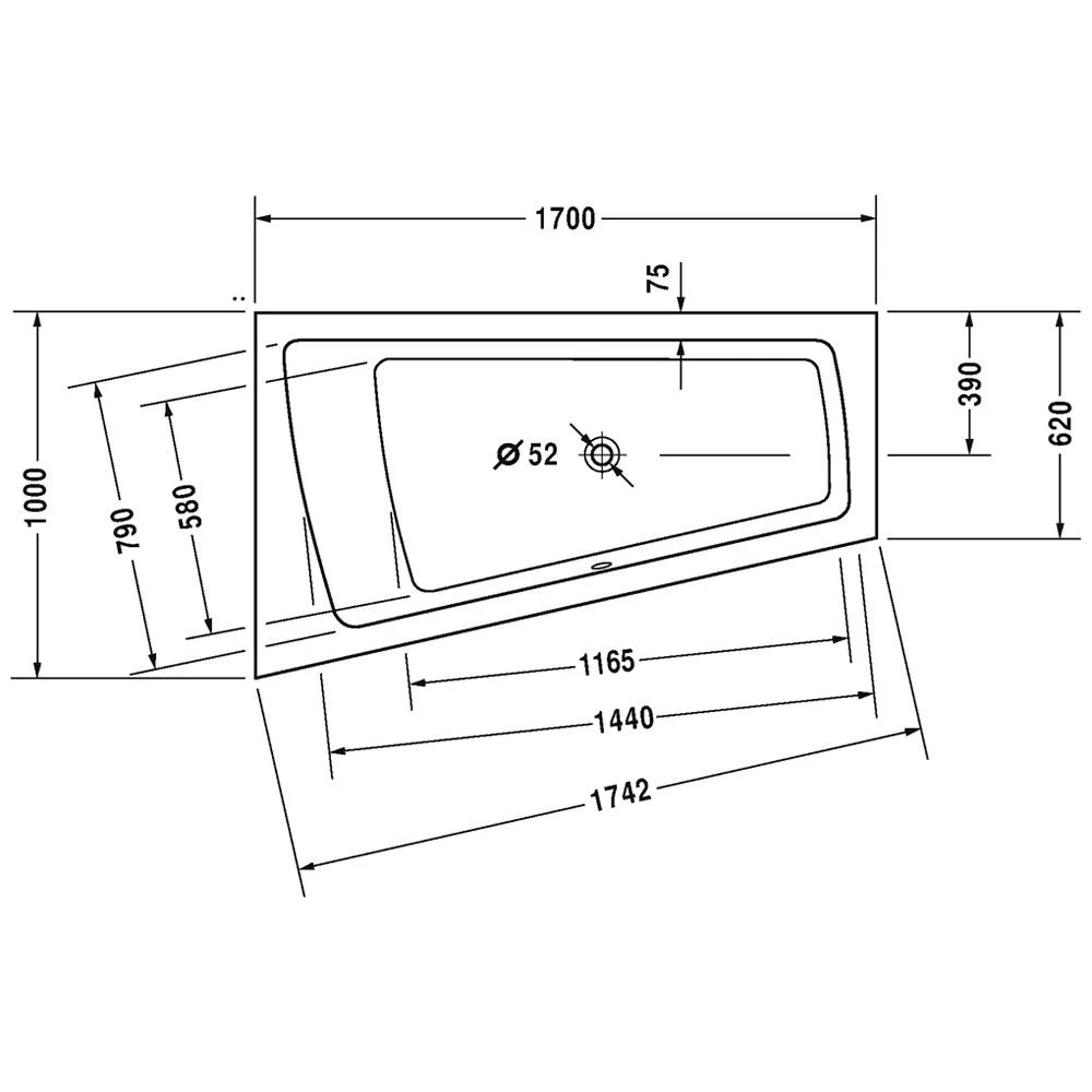 Rysunek techniczny wanny z wymiarami, Duravit