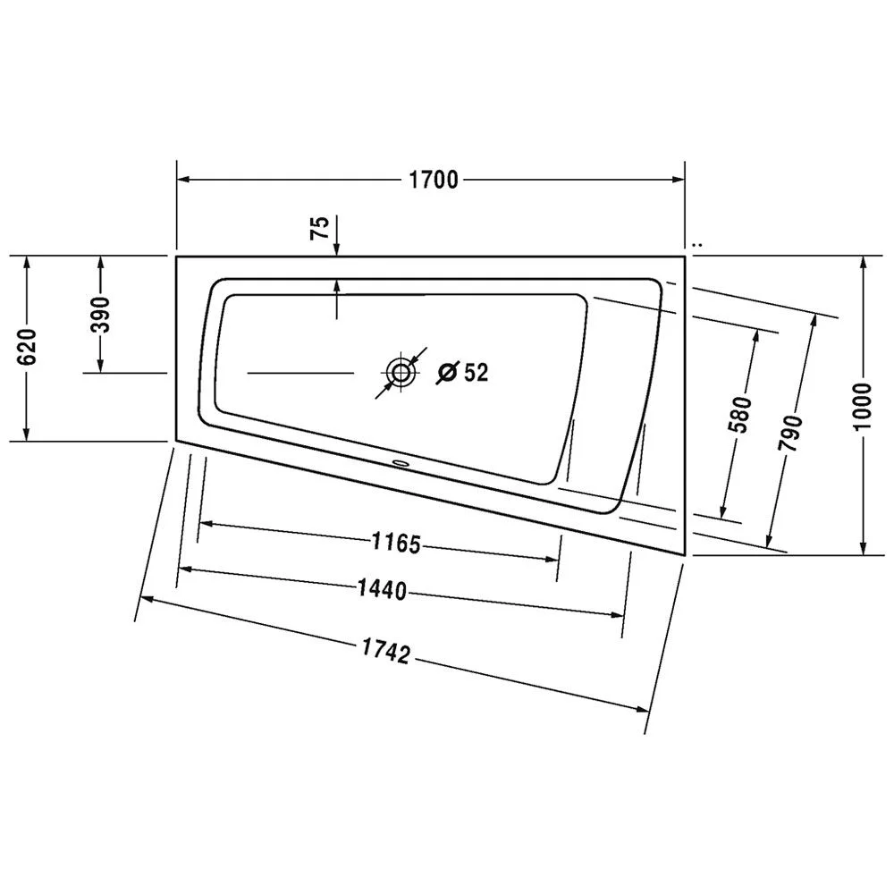 Rysunek techniczny wanny z wymiarami, Duravit