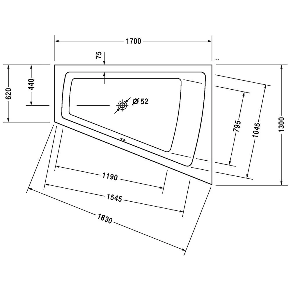 Rysunek techniczny wanny z wymiarami, Duravit