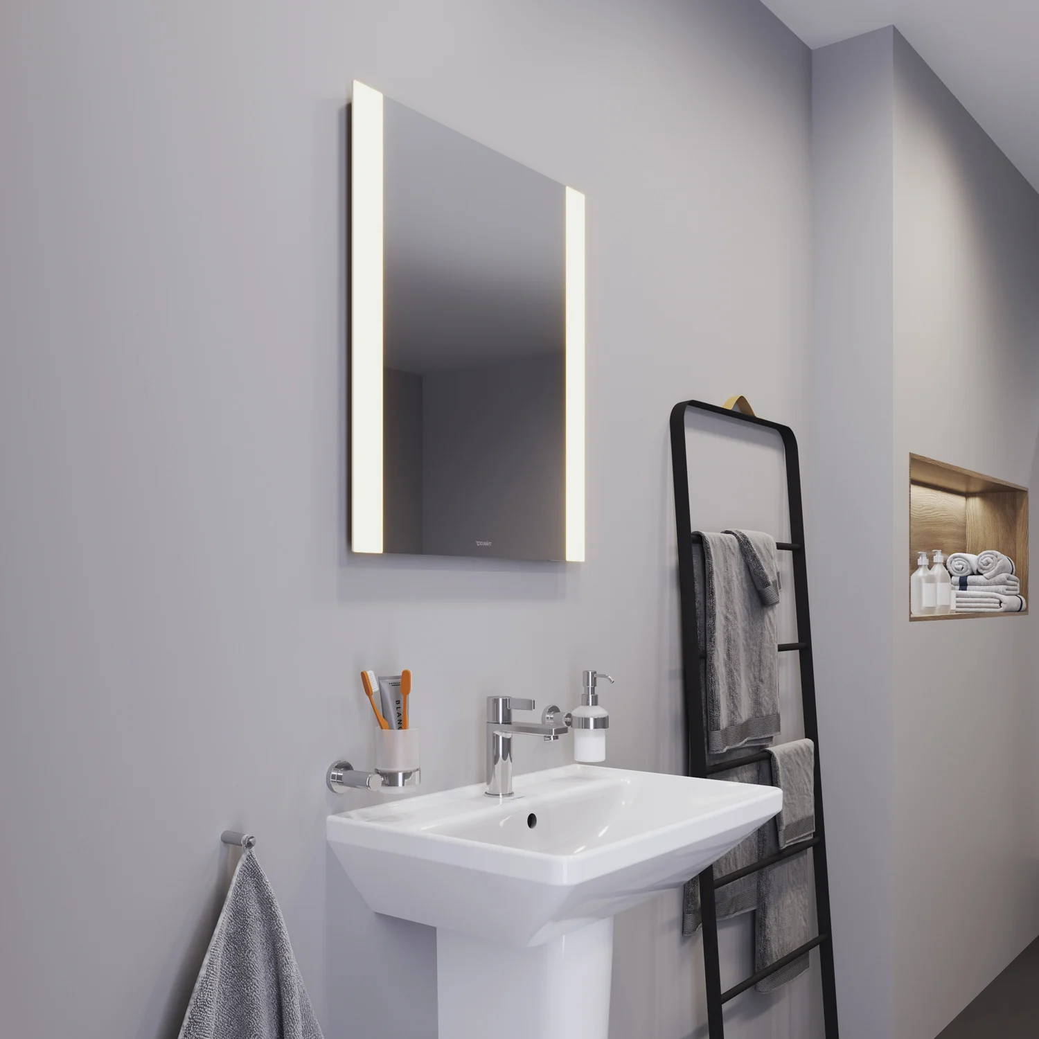 Podświetlane lustro i umywalka widok z boku, Duravit