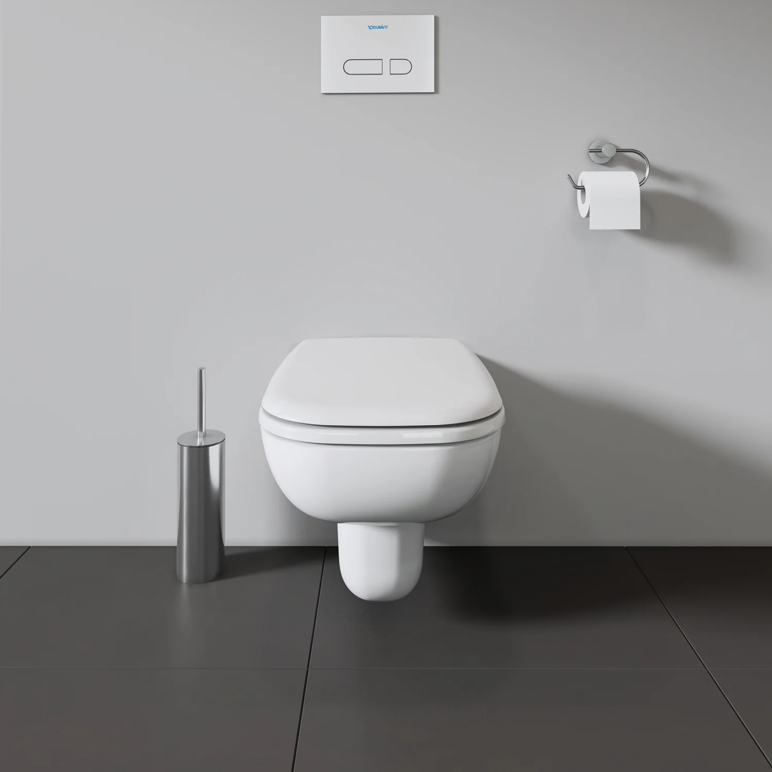 Toaleta wisząca na tle szarej ściany, Duravit