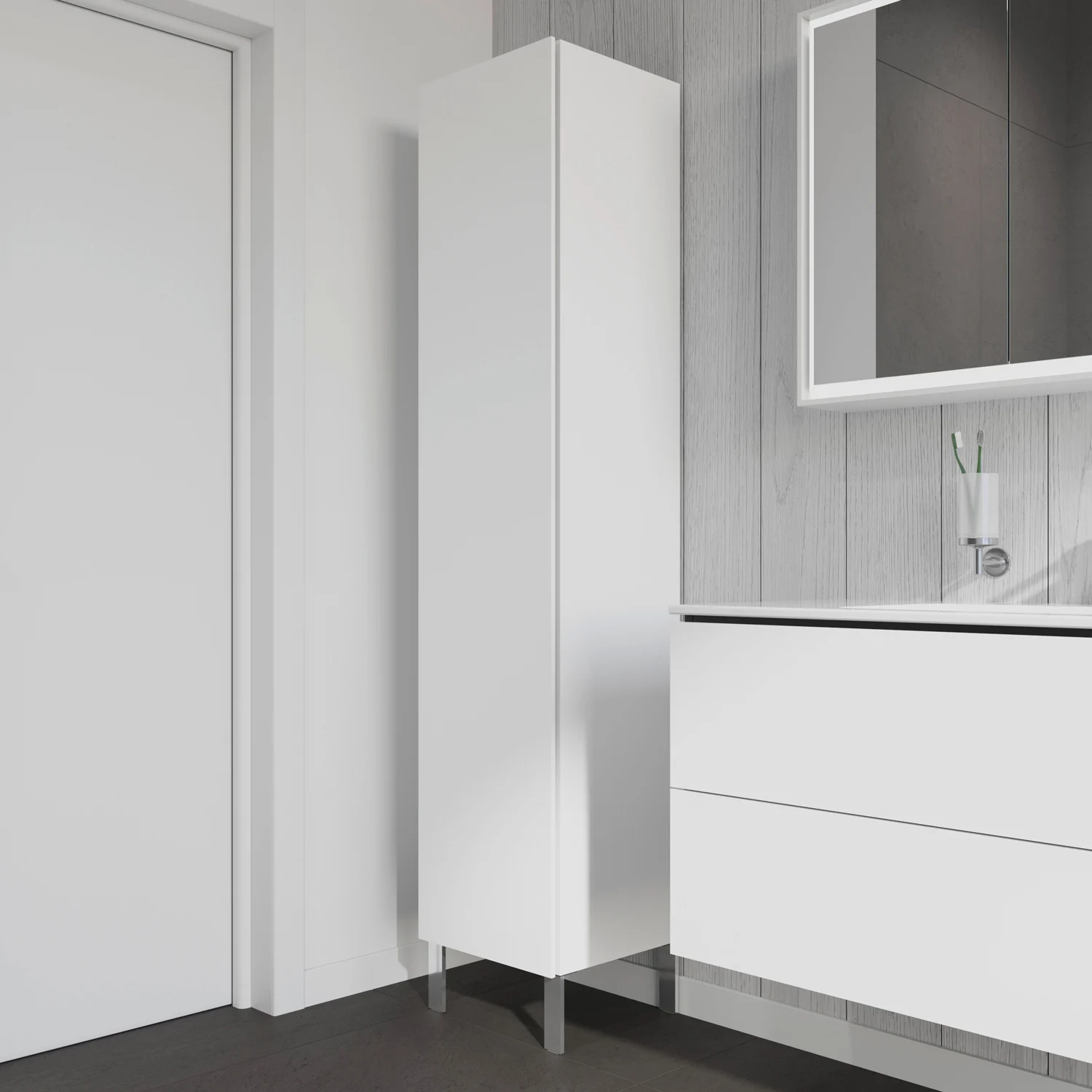 Biała wysoka szafka w łazience obok umywalki, Duravit