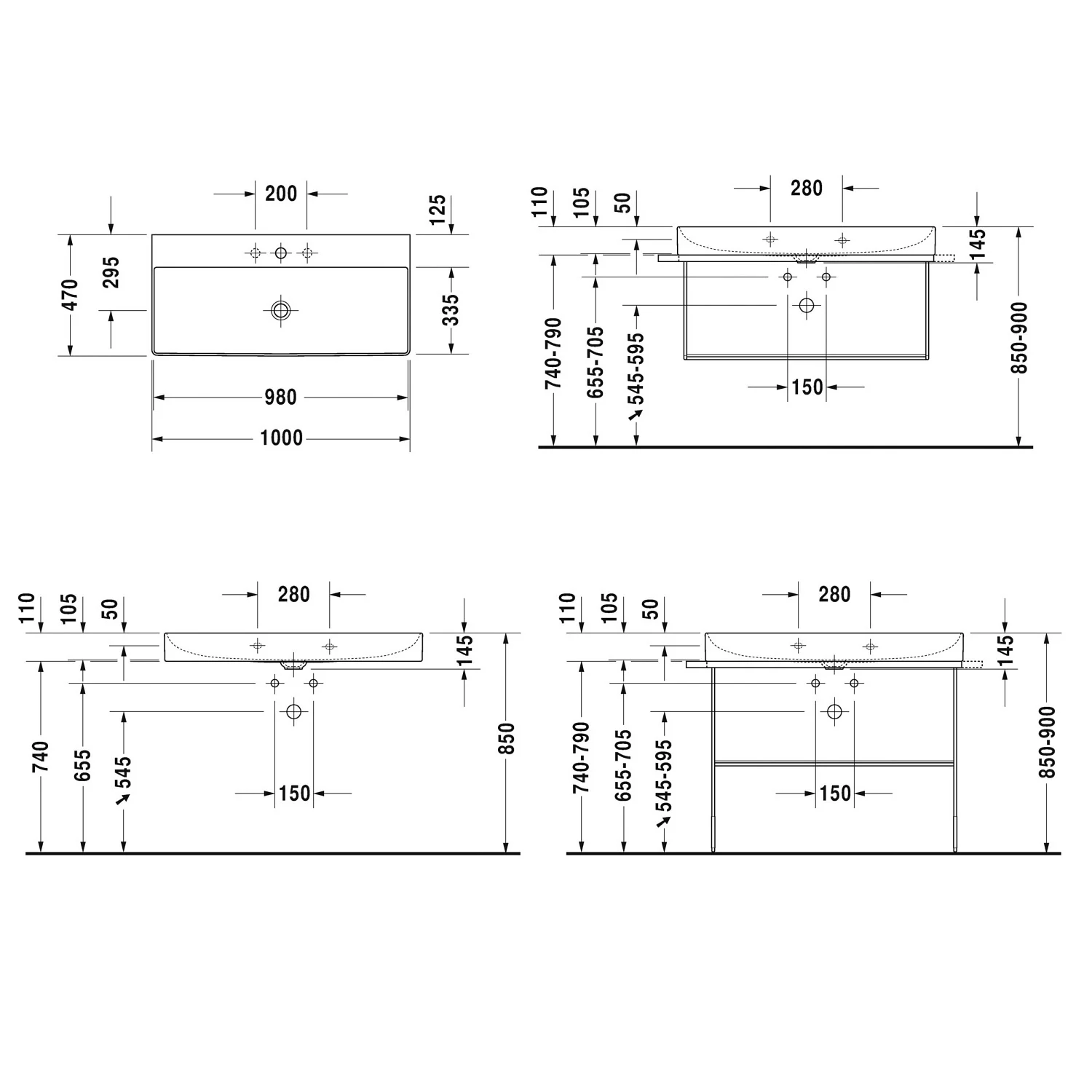 Rysunek techniczny umywalki z wymiarami, Duravit