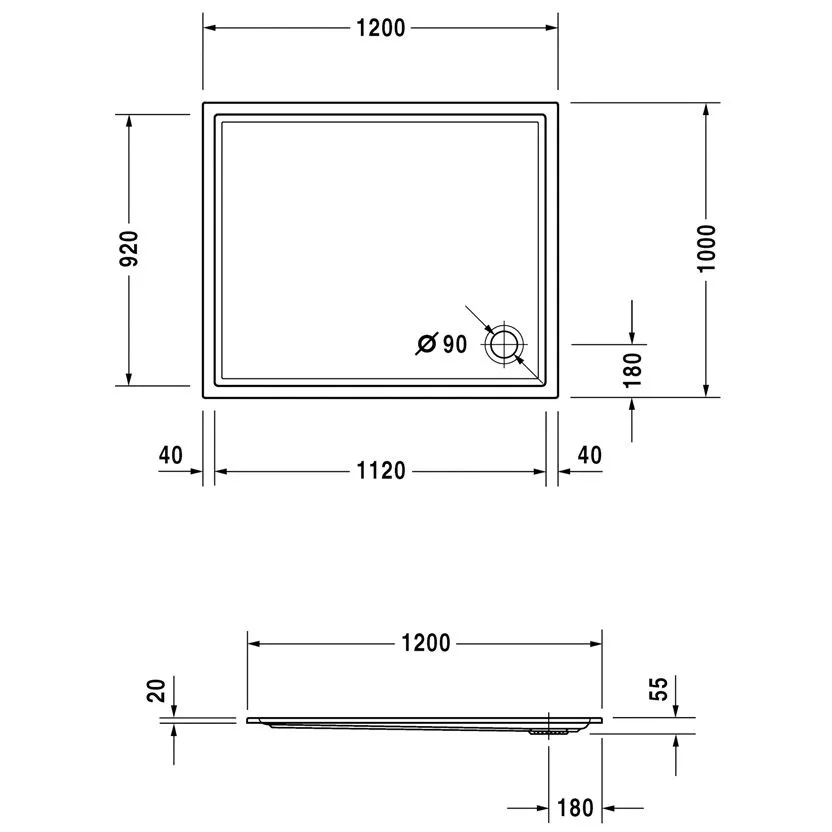 Rysunek techniczny prostokątnej brodzika 120x100 cm, Duravit