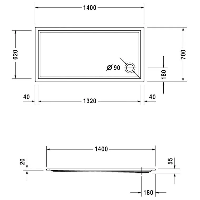 Rysunek techniczny prostokątnej brodzika 140x70 cm, Duravit