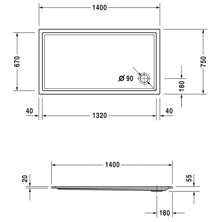 Rysunek techniczny prostokątnej brodzika 140x75 cm, Duravit