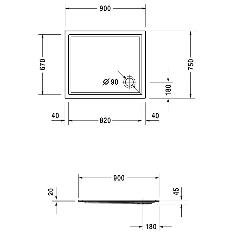 Rysunek techniczny prostokątnej brodzika 900x750 mm, Duravit