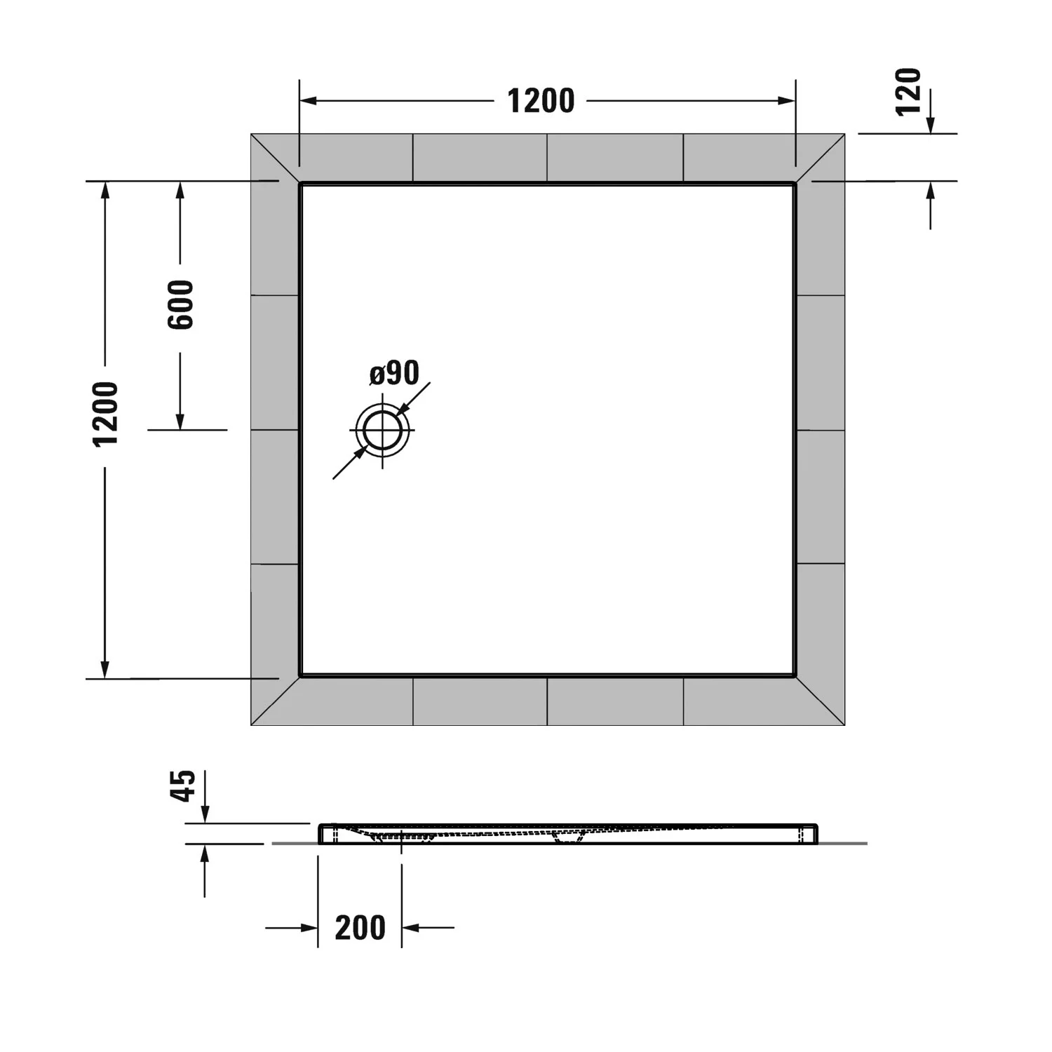 Rysunek techniczny kwadratowej brodzika 120x120 cm, Duravit
