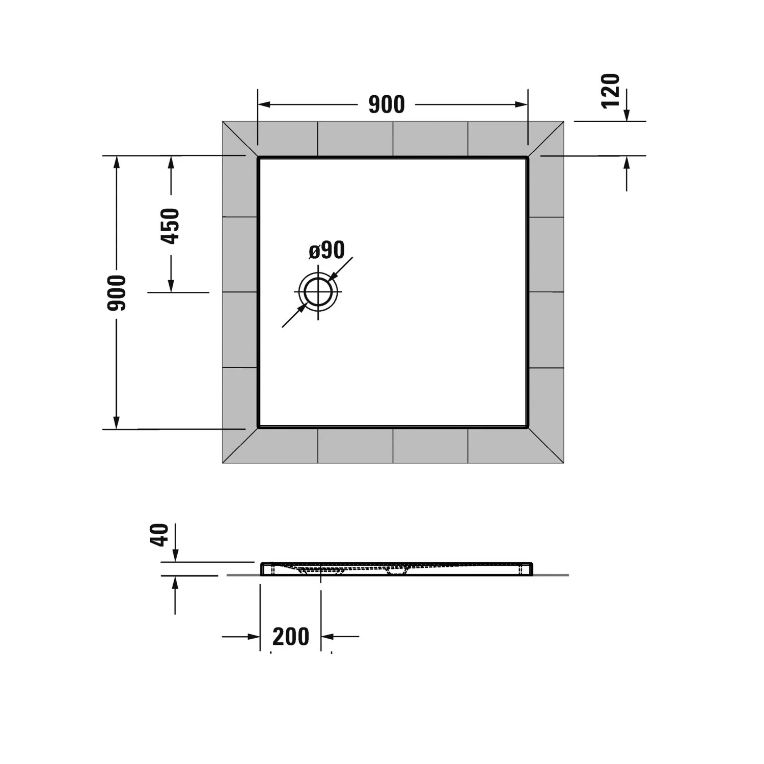 Rysunek techniczny kwadratowego brodzika, Duravit
