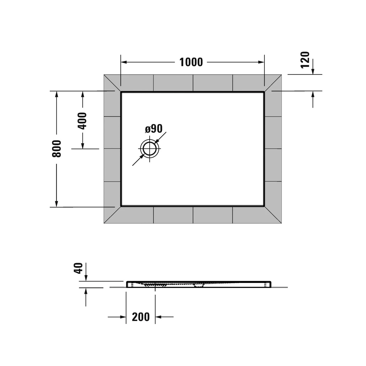 Rysunek techniczny prostokątnej brodzika 100x80 cm, Duravit