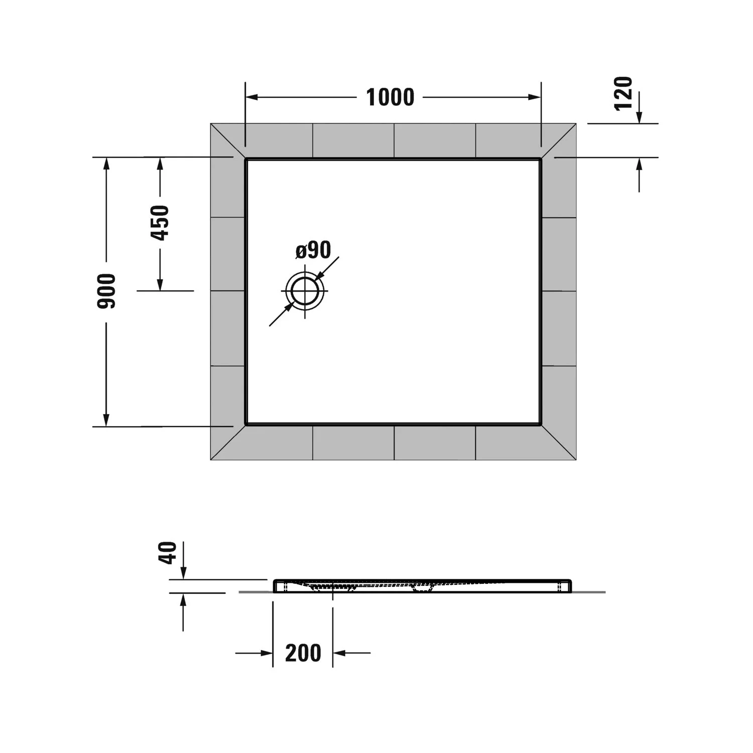 Rysunek techniczny prostokątnej brodzika 100x90 cm, Duravit
