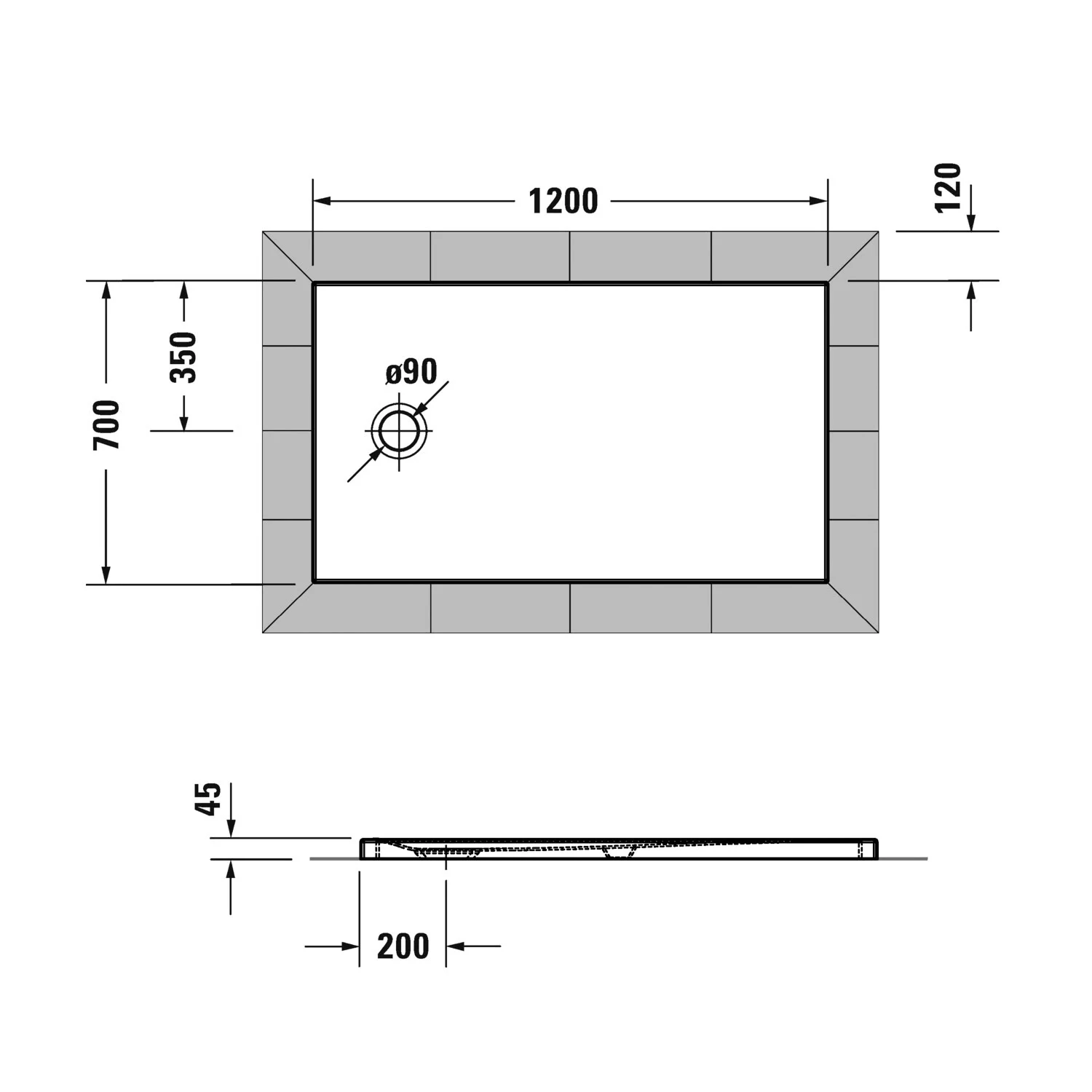 Rysunek techniczny prostokątnej brodzika 120x70 cm, Duravit