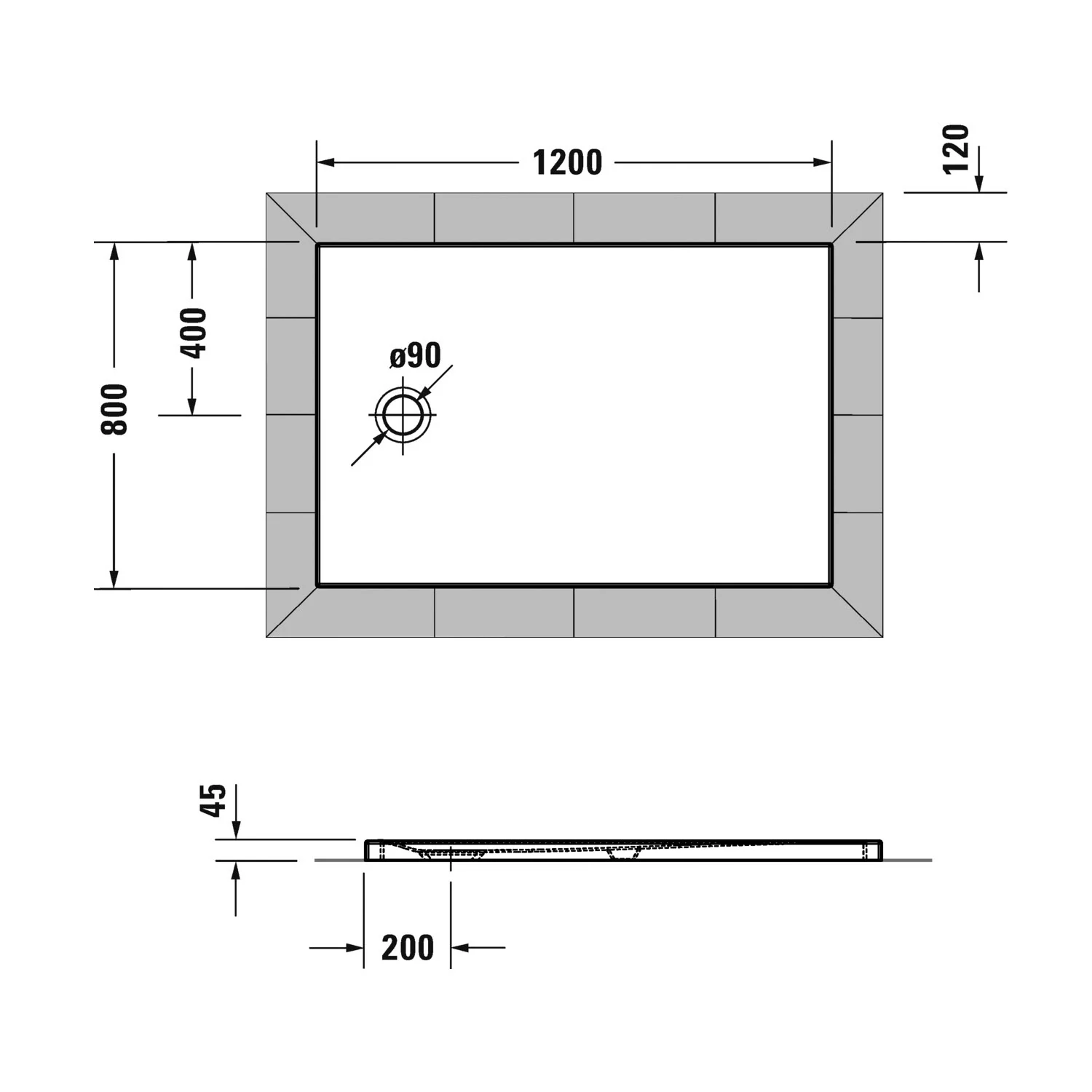 Rysunek techniczny prostokątnej brodzika 120x80 cm, Duravit