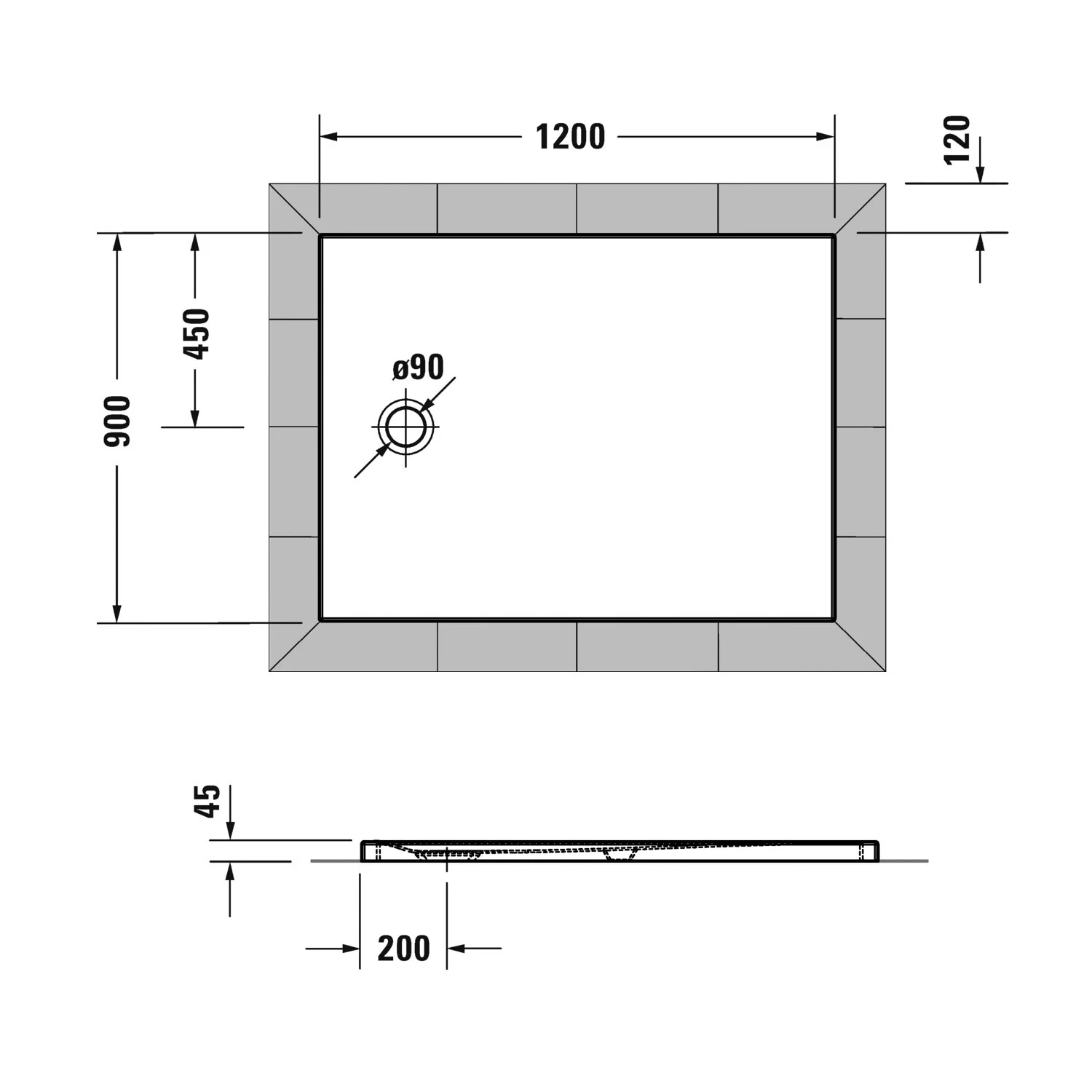 Rysunek techniczny prostokątnej brodzika 120x90 cm, Duravit