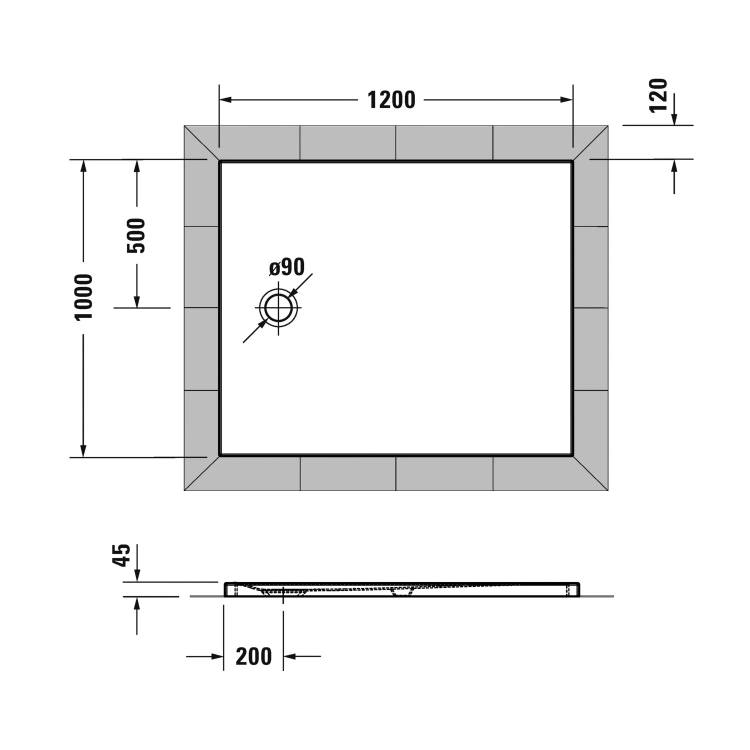 Rysunek techniczny prostokątnej brodzika 120x100 cm, Duravit