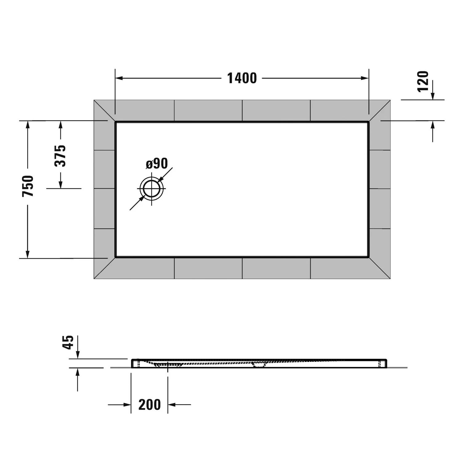 Rysunek techniczny prostokątnej brodzika 140x75 cm, Duravit