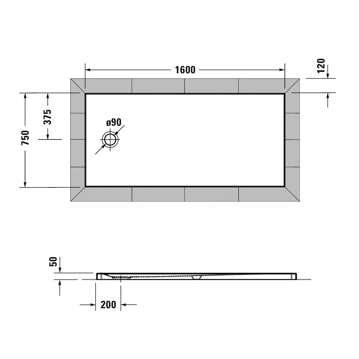 Rysunek techniczny prostokątnej brodzika 160x75 cm, Duravit