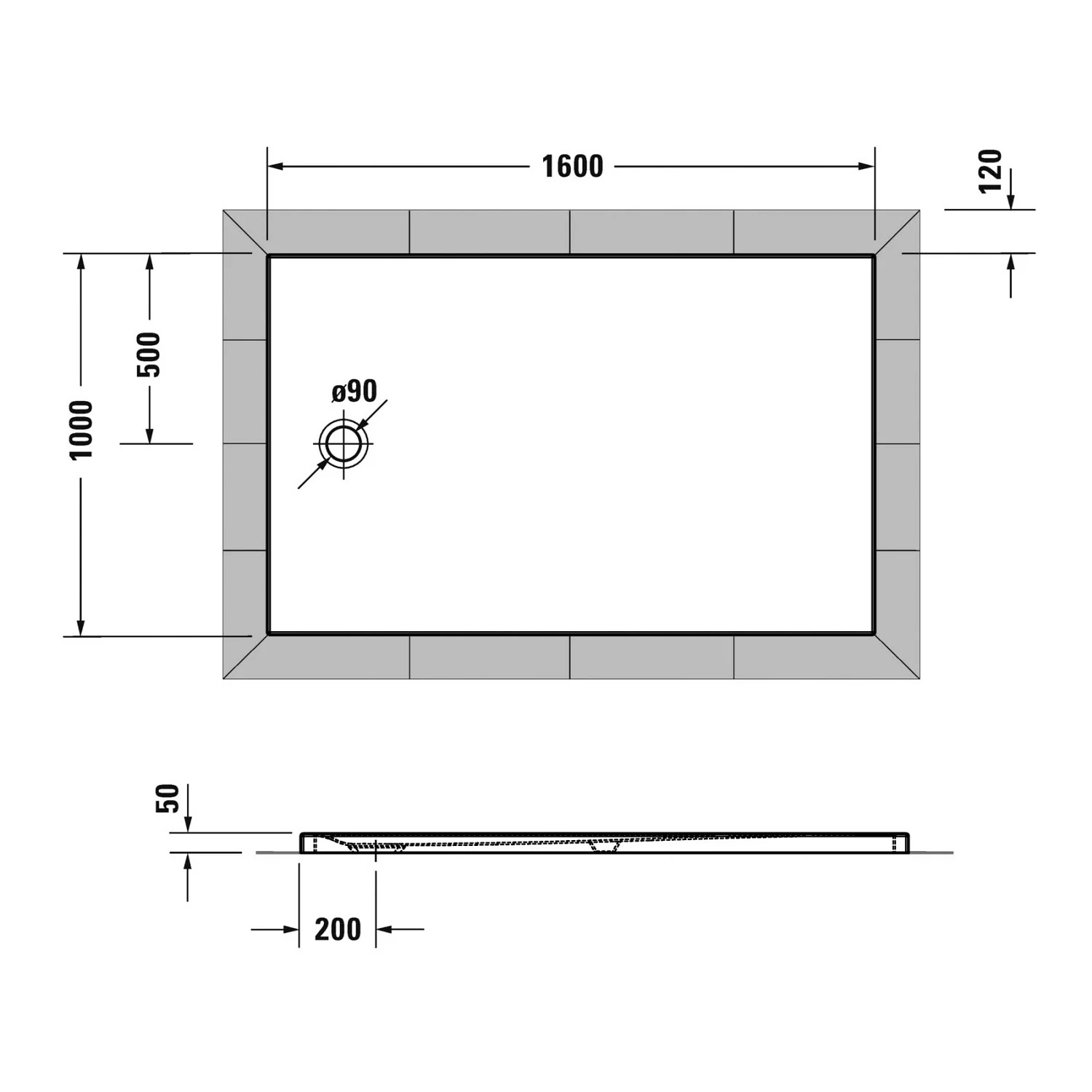 Rysunek techniczny prostokątnej brodzika 160x100, Duravit