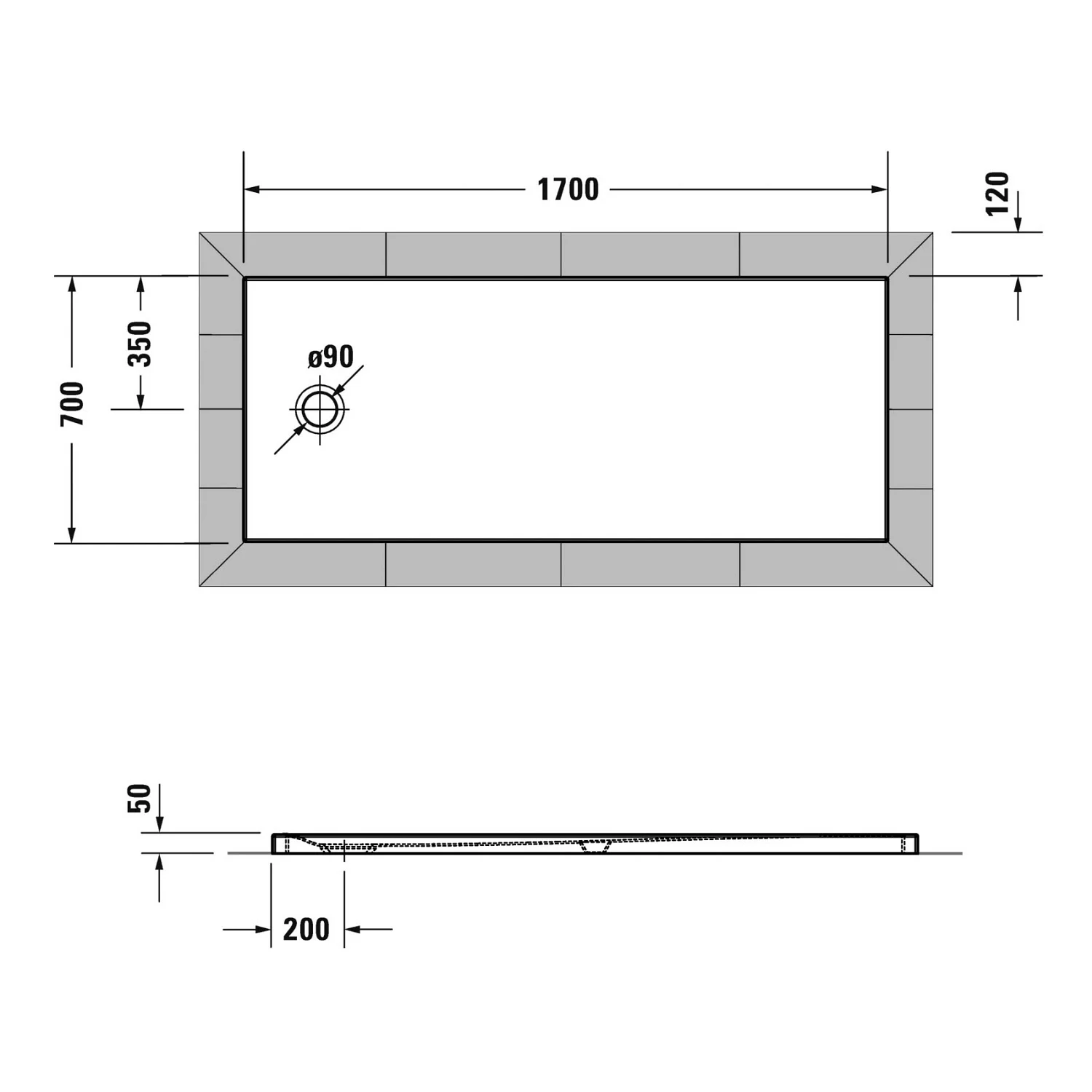 Rysunek techniczny prostokątnej brodzika 170x70, Duravit