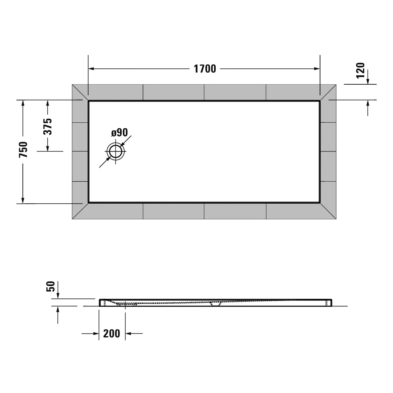 Rysunek techniczny prostokątnej brodzika 170x75, Duravit