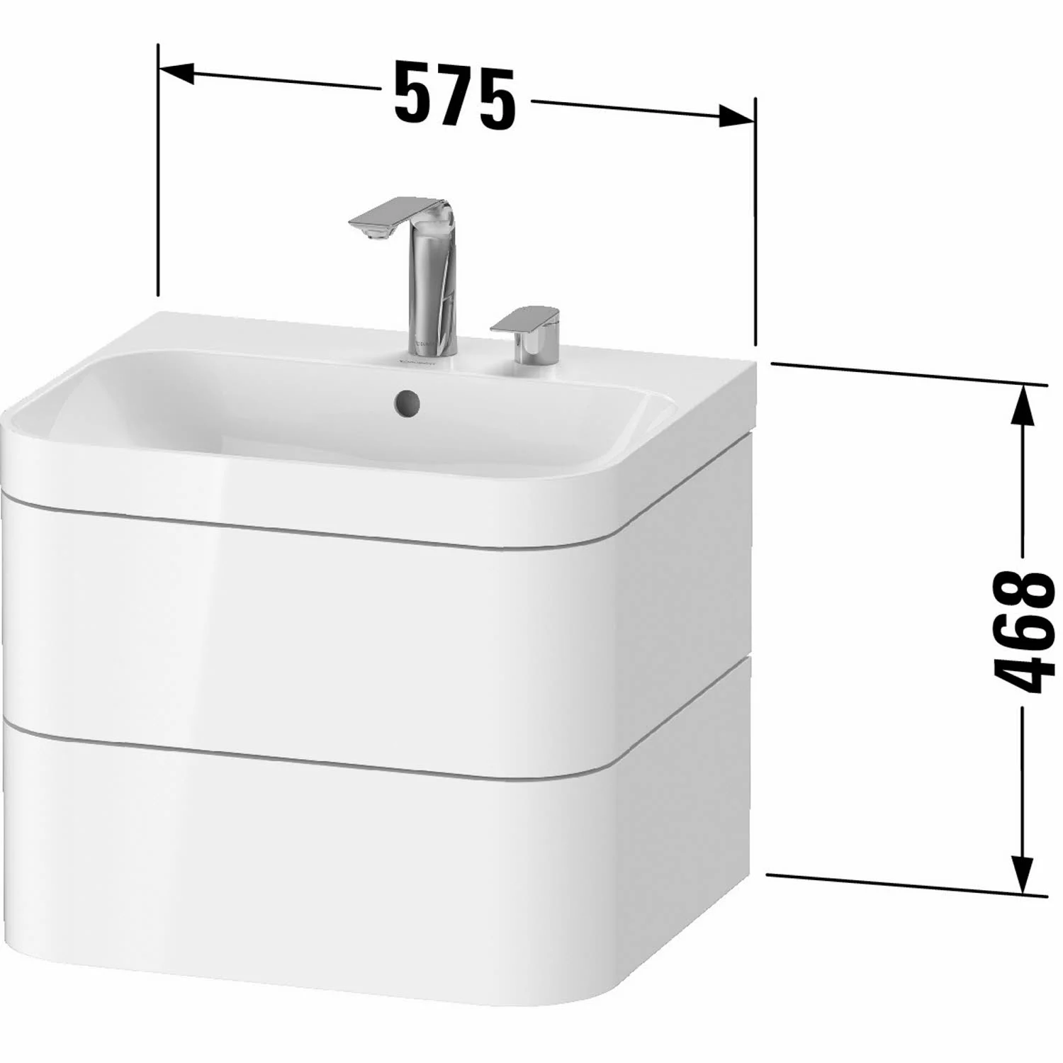 Rysunek techniczny białej umywalki z wymiarami, Duravit