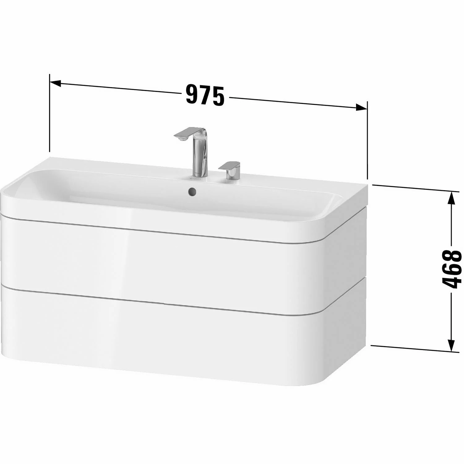 Rysunek techniczny białej umywalki z wymiarami, Duravit