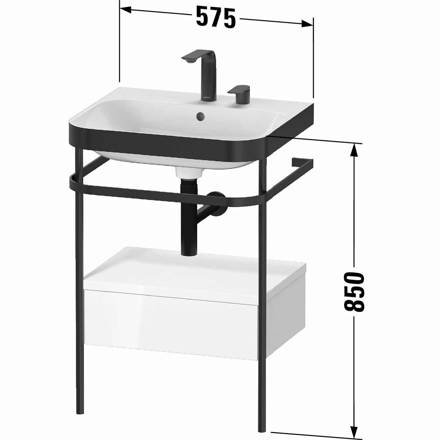 Rysunek techniczny umywalki z wymiarami, Duravit
