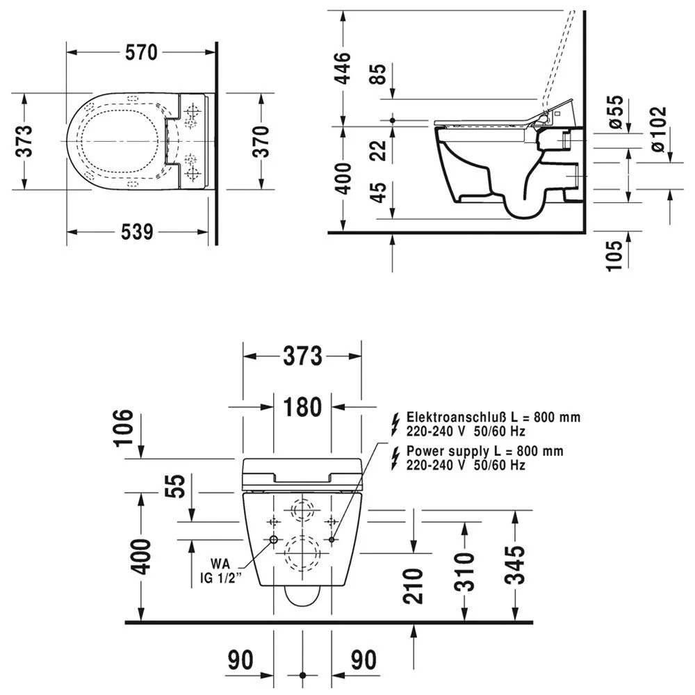 Rysunek techniczny toalety z wymiarami, Duravit