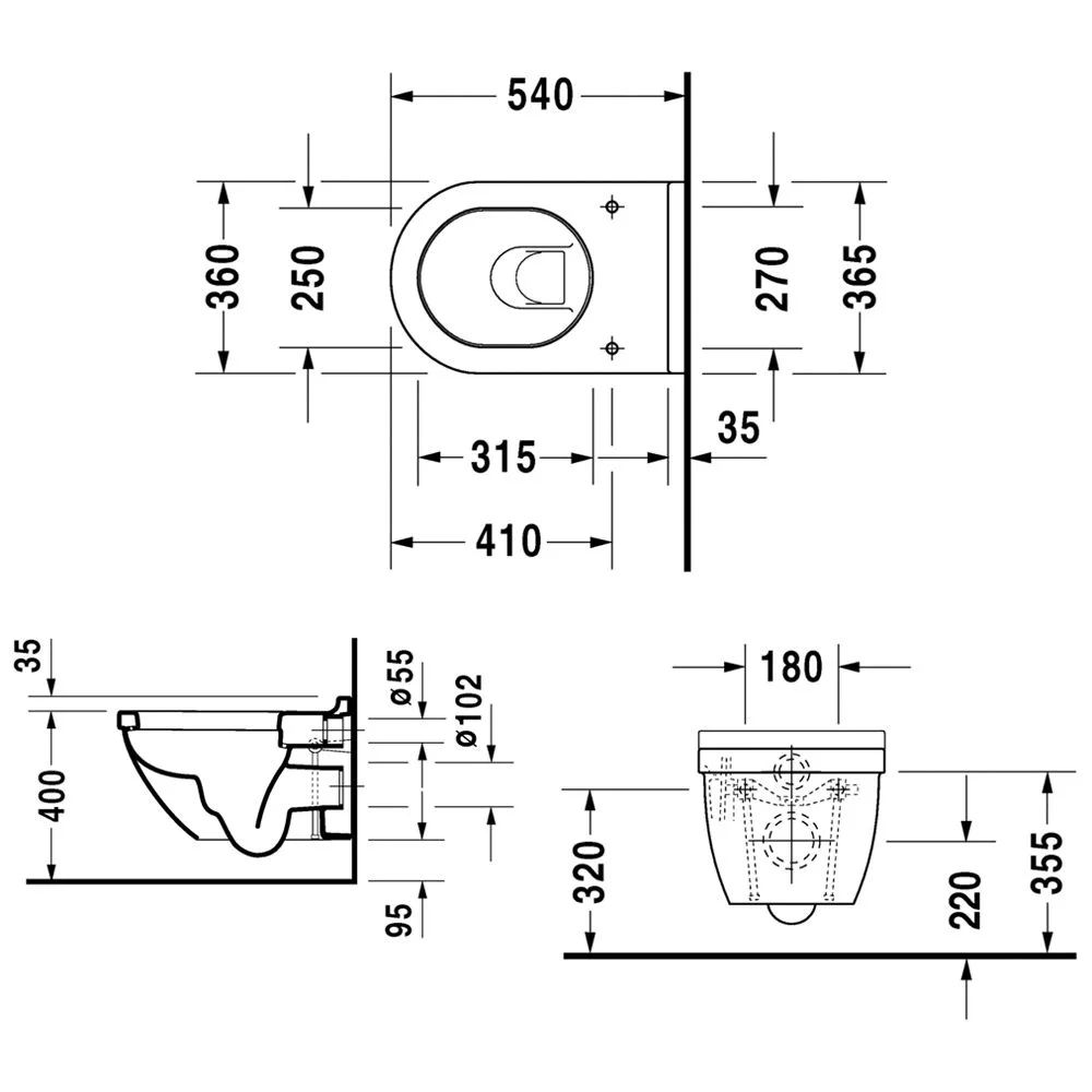 Rysunek techniczny toalety ściennej z wymiarami, Duravit