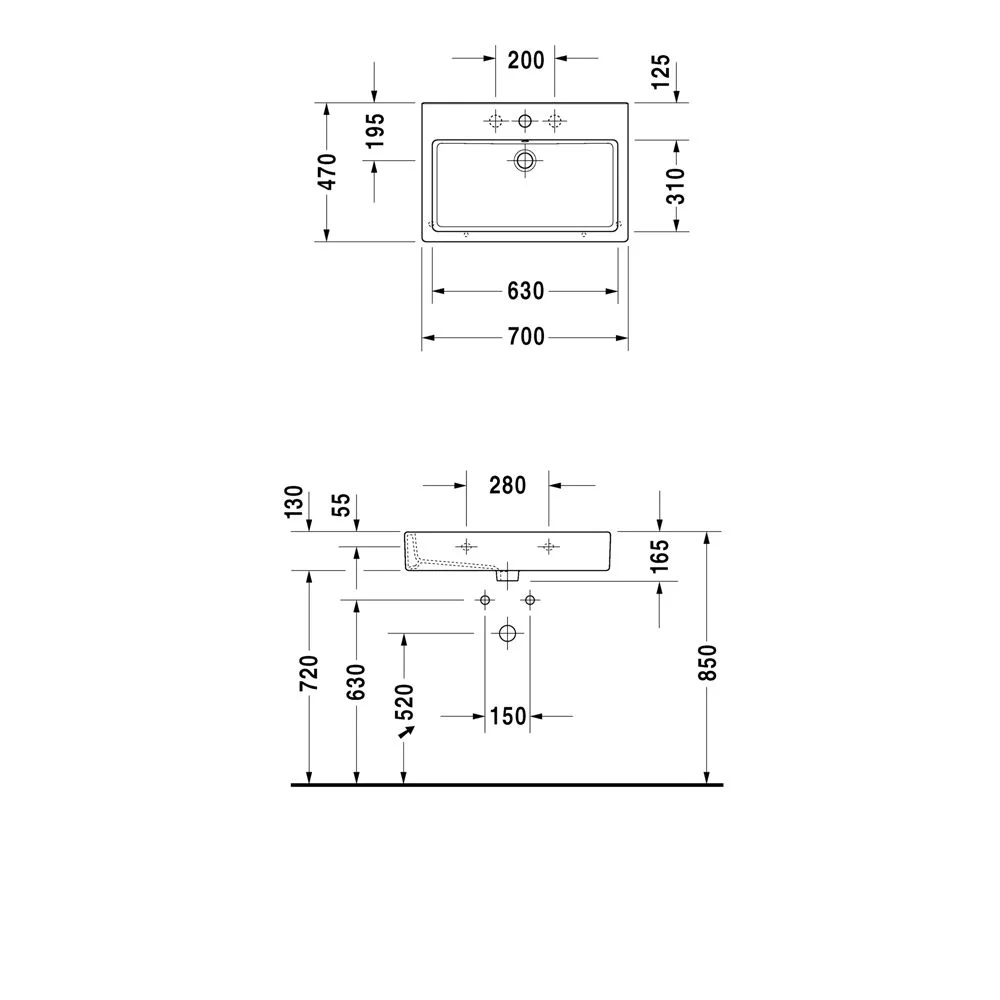 Rysunek techniczny umywalki 70 cm, Duravit