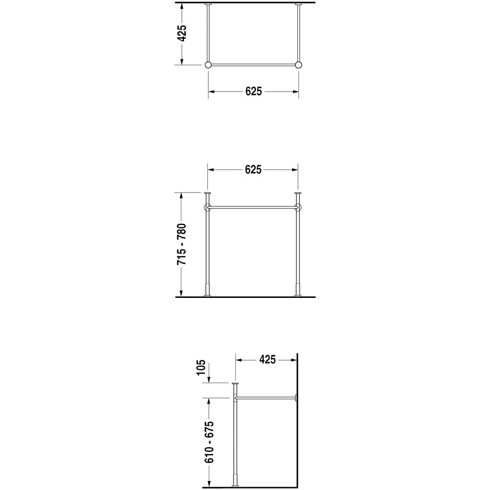 Rysunek techniczny konsoli metalowej z wymiarami, Duravit