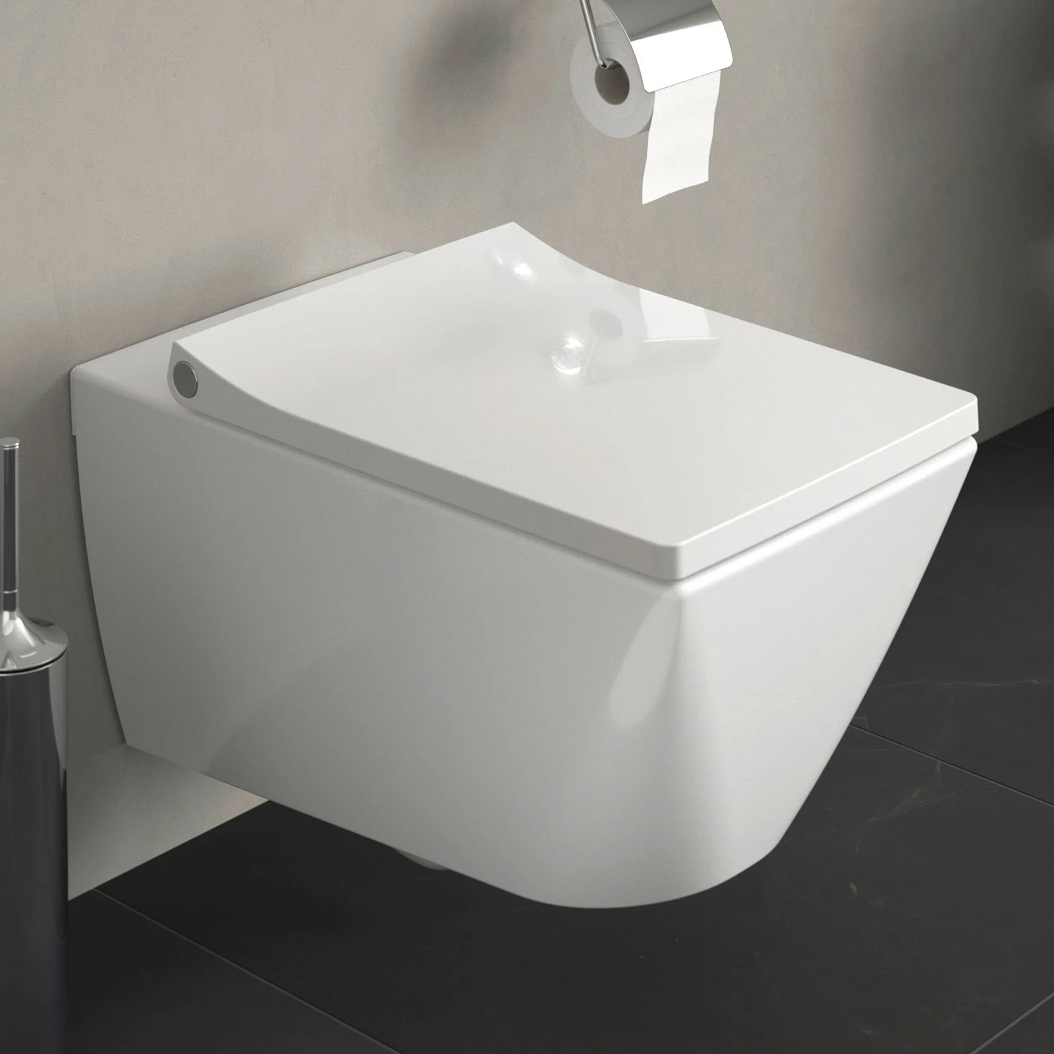 Zbliżenie białej toalety ściennej w łazience, Duravit
