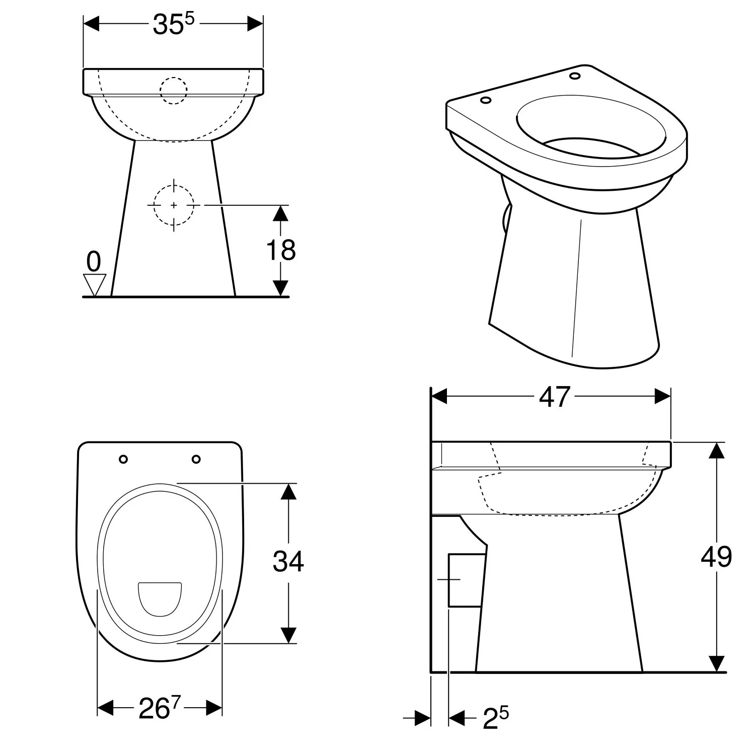 Rysunek techniczny toalety z wymiarami, Geberit
