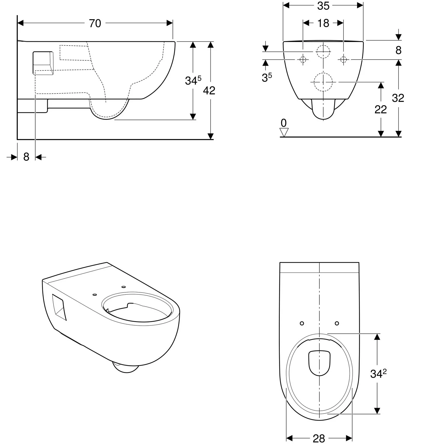 Rysunek techniczny toalety z wymiarami, Geberit