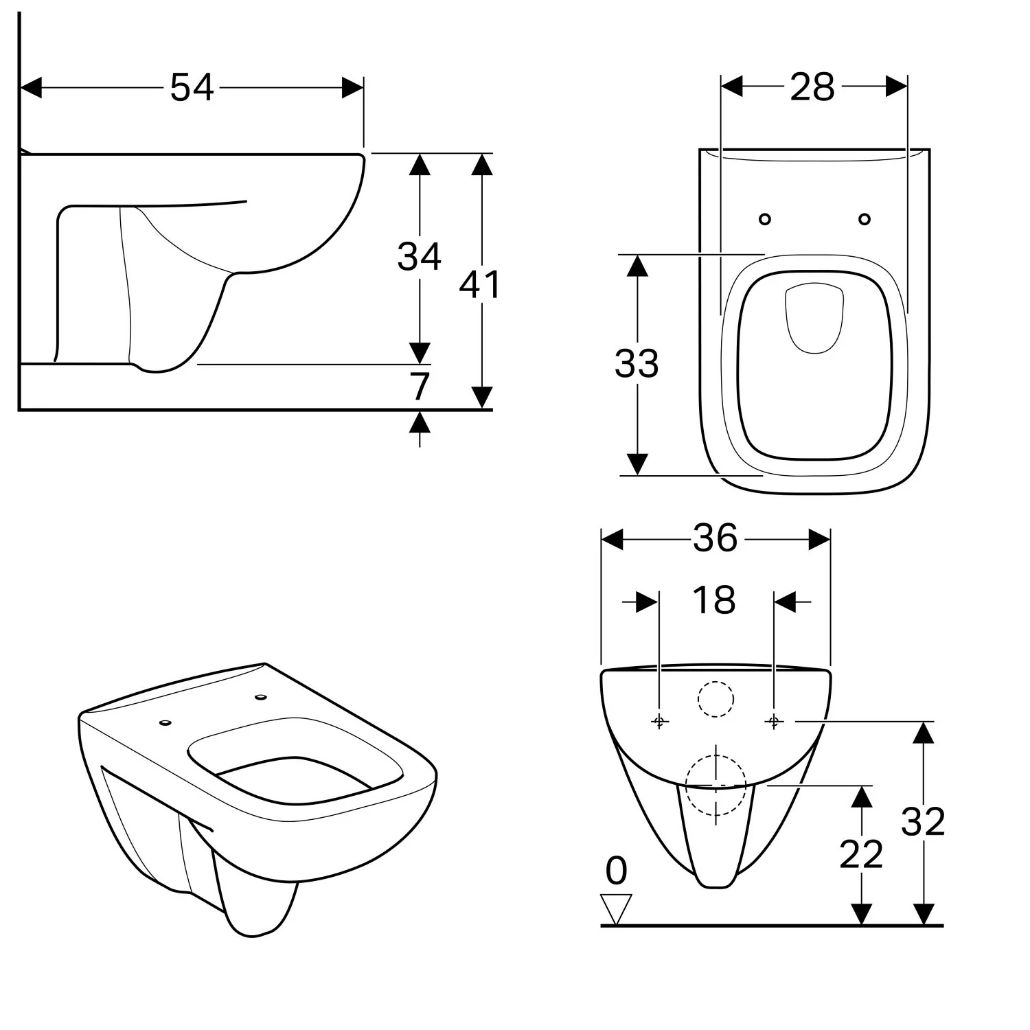Rysunek techniczny toalety planowej z wymiarami, Geberit