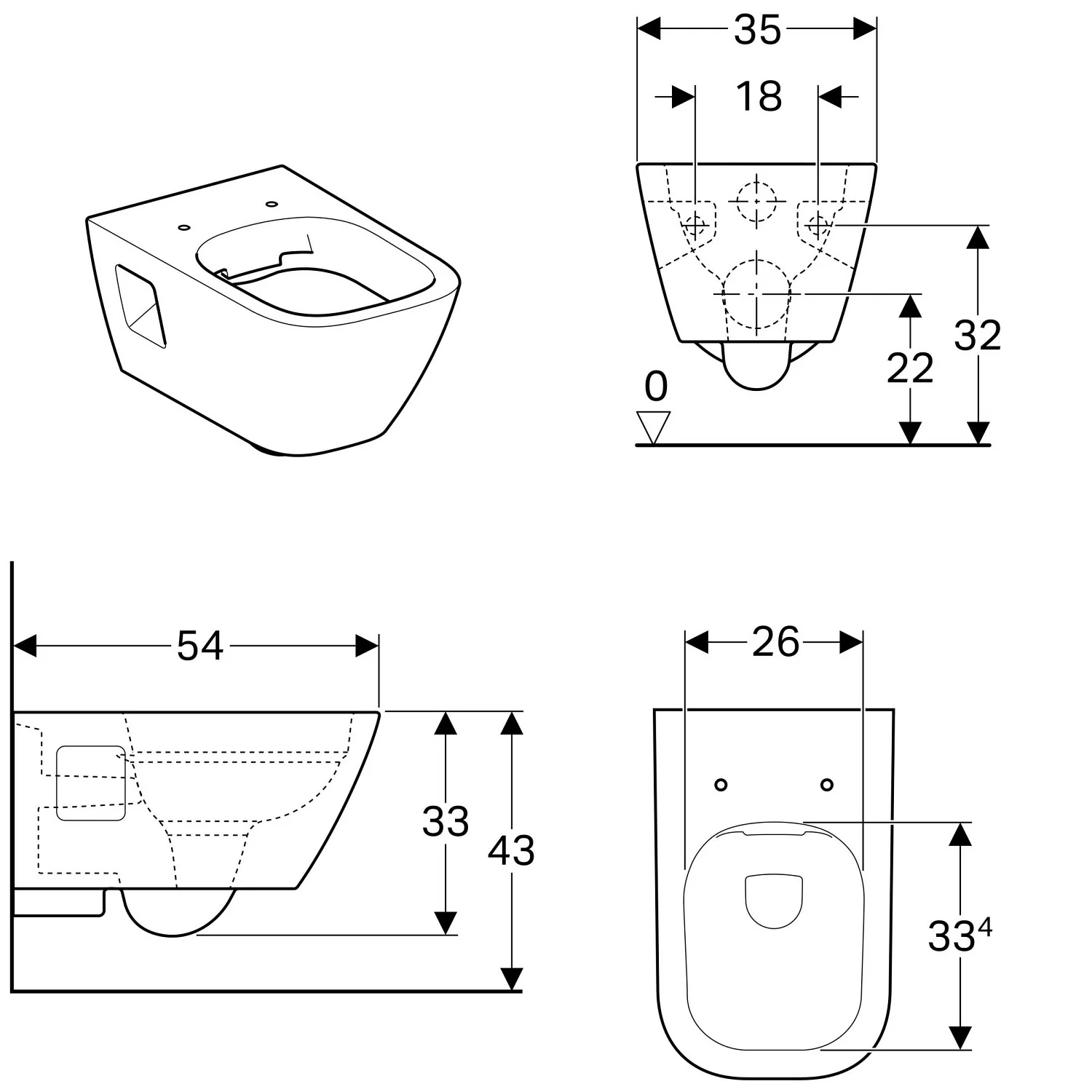 Rysunek techniczny miski WC z wymiarami, Geberit
