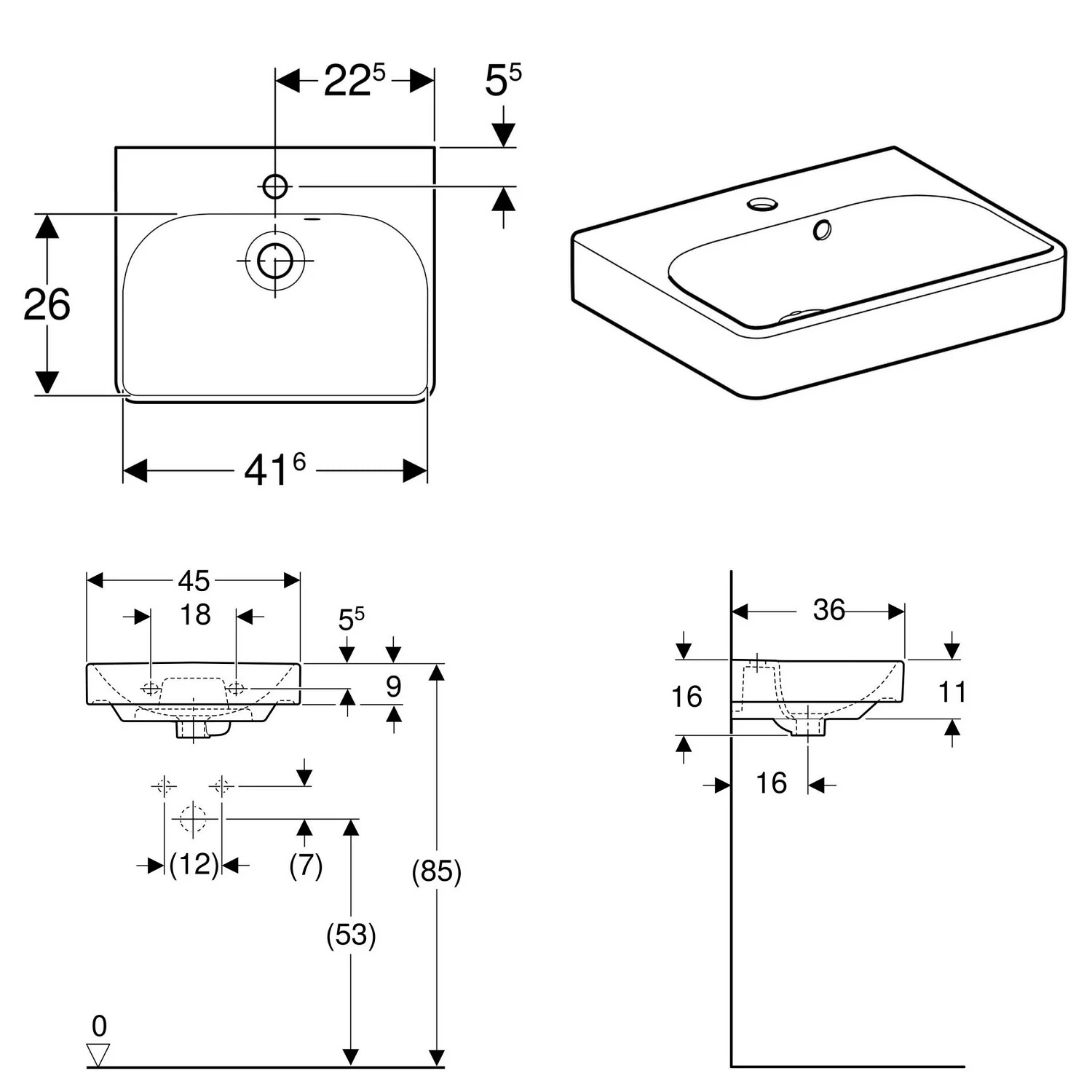 Geberit Smyle Square Handwaschbecken 45 cm, Überlauf asymetrisch Bild 2
