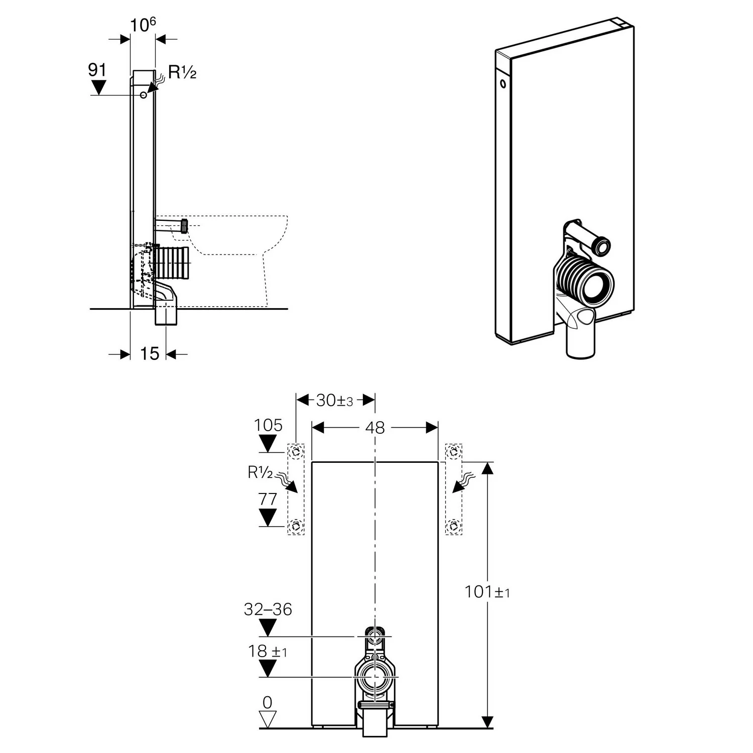 Geberit Monolith Sanitärmodul für Stand-WC, 101 cm, mit P-Anschlussbogen, Wasseranschluss seitlich Bild 4