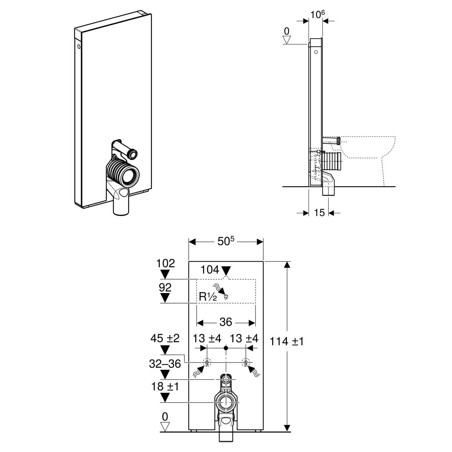 Geberit Monolith Sanitärmodul für Stand-WC, 114 cm, mit P-Anschlussbogen, Wasseranschluss hinten mittig Bild 4