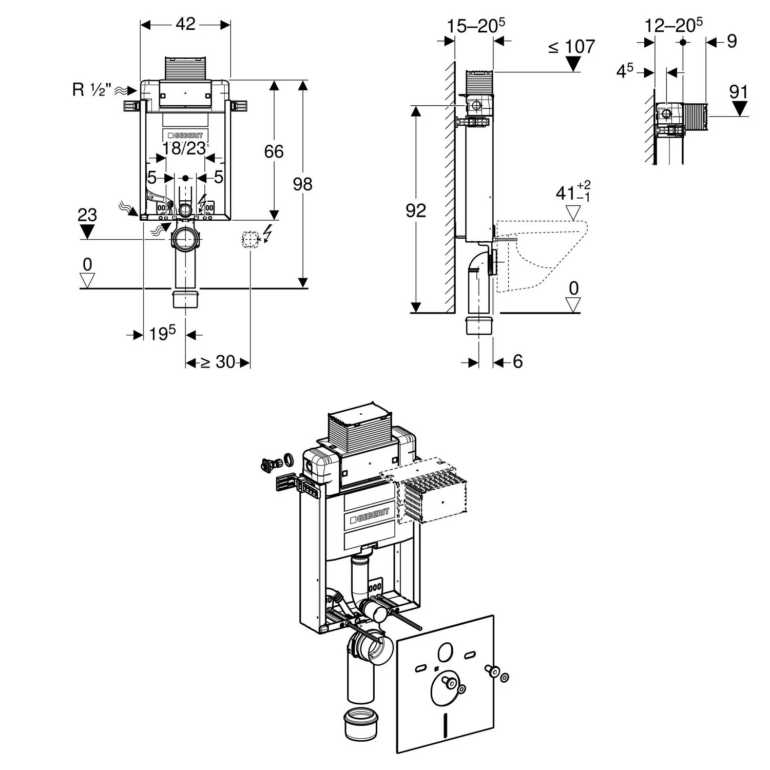 Geberit Kombifix Element für Wand-WC, 98 cm, mit Omega UP-Spülkasten 12 cm, tiefenverstellbar, für Betätigung von oben oder von vorne Bild 3