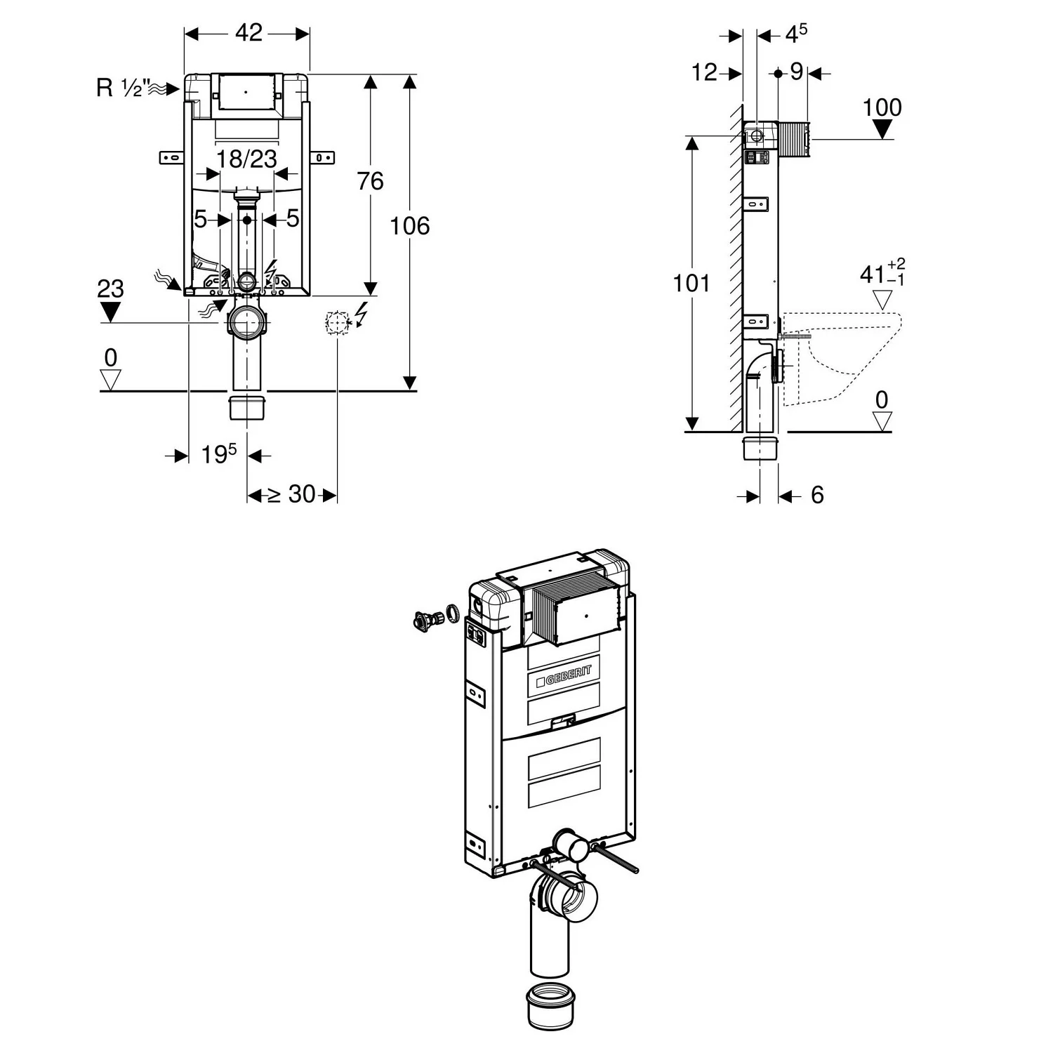Geberit Kombifix Element für Wand-WC, 108 cm, mit Omega UP-Spülkasten 12 cm für Betätigung von vorne Bild 4