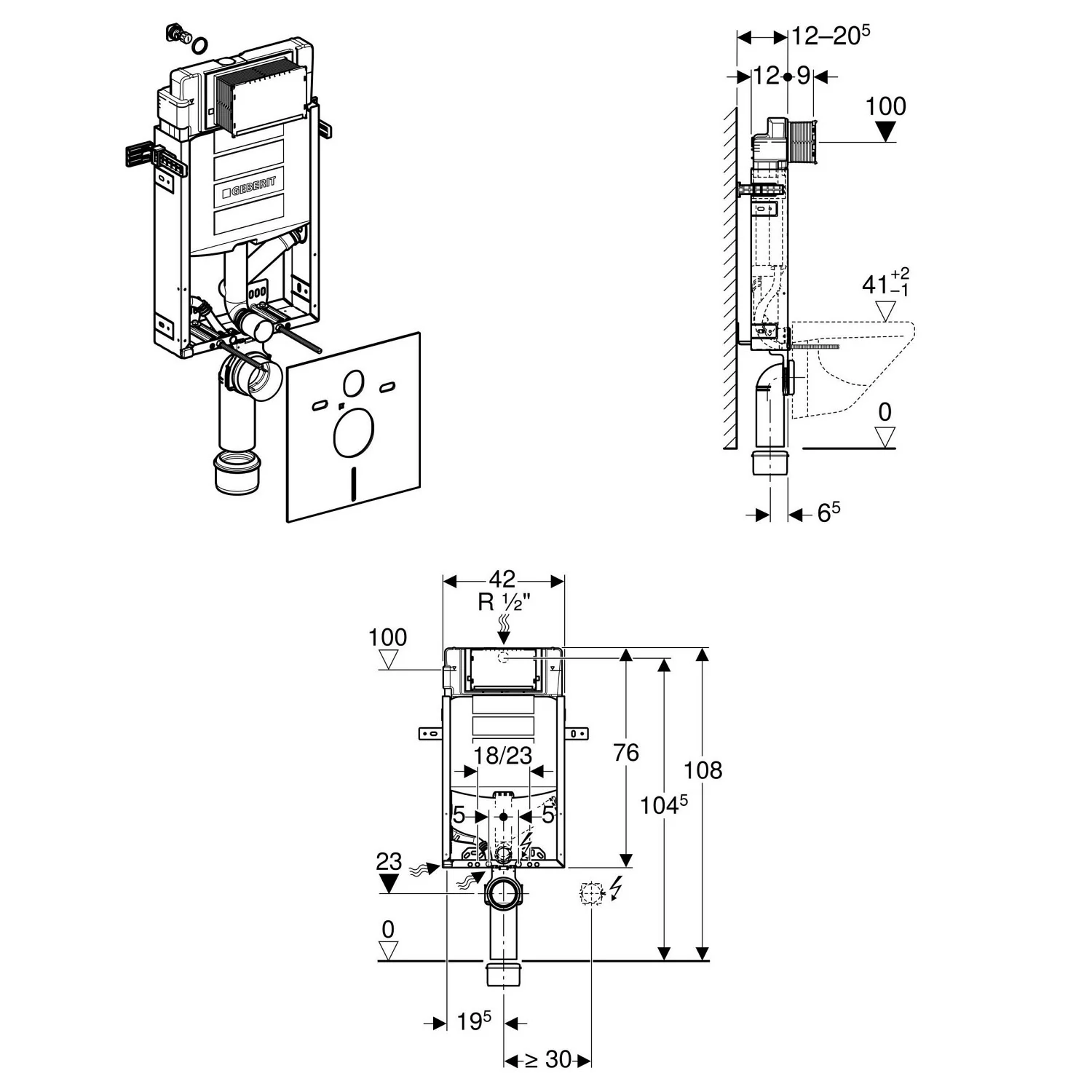 Geberit Kombifix Element für Wand-WC, 108 cm, mit Sigma UP-Spülkasten 12 cm, für Geruchsabsaugung, tiefenverstellbar, für Betätigung von vorne Bild 2
