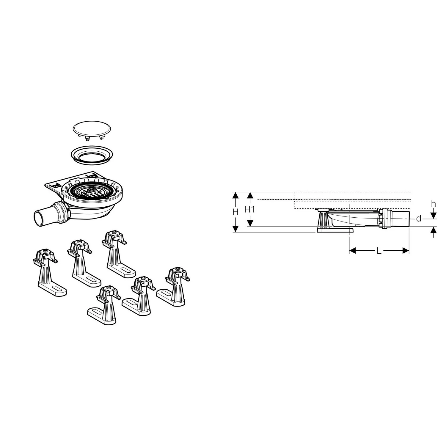 Geberit Rohbauset, zu Setaplano Duschfläche, Sperrwasserhöhe 3 cm, mit 6 Füßen Bild 2